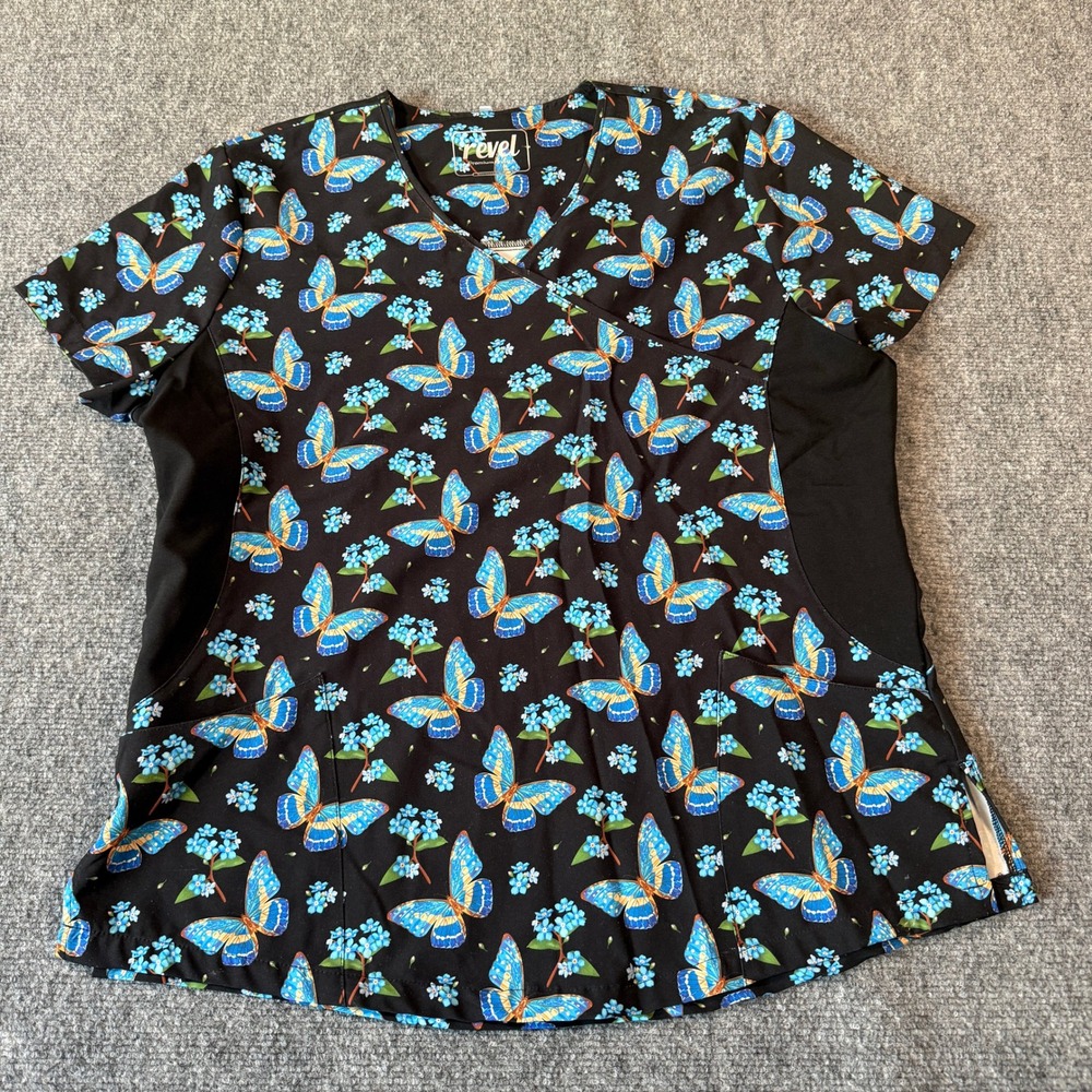 Revel Premium Stretch Butterfly Floral Scrub Top Black Blue XL V-Neck‎